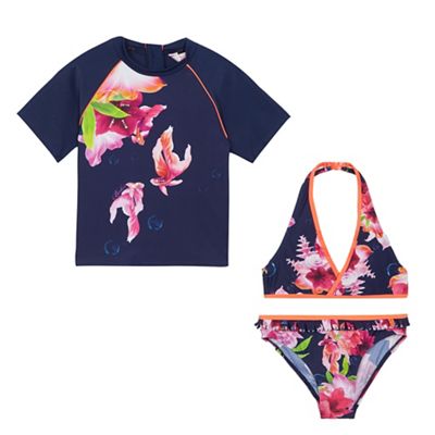 Girls' navy floral print three piece swimsuit